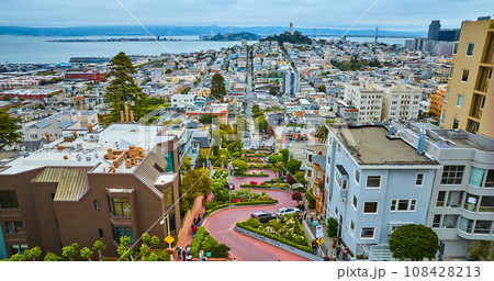 Winding Lombard Street with cars going downhill with distant Coit Tower aerial Winding Lombard Street with cars going downhill with distant Coit Tower aerial 108428213