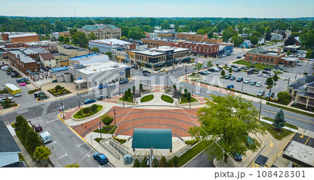 Downtown Auburn with James Cultural Plaza and distant courthouse aerial Downtown Auburn with James Cultural Plaza and distant courthouse aerial 108428301