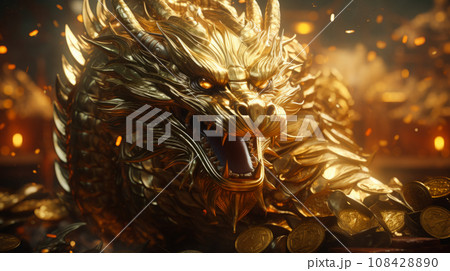 Close up of Golden dragon surrounded with golden coins. Wealth and prosperity concept. 108428890