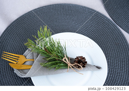 Serving a festive table with plates, forks, knives, napkins close-up tissue in a cage decorated for Christmas and New Year pine branch with a cone. Eco-style, minimalism 108429123