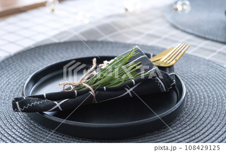 Serving a festive table with plates, forks, knives, napkins close-up tissue in a cage decorated for Christmas and New Year pine branch with a cone. Eco-style, minimalism 108429125