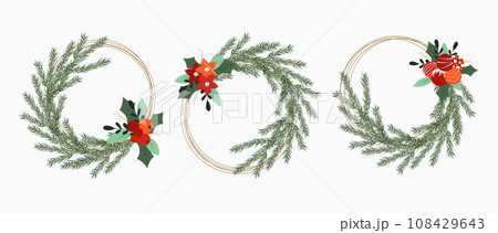 Christmas wreath set with winter floral elements. Decoration for card, invitation, party, design. Vector illustration. 108429643