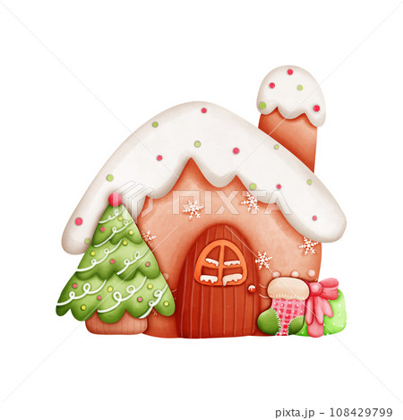 Christmas gingerbread house, Christmas tree and golf. Watercolor style, Vector illustration Christmas gingerbread house, Christmas tree and golf. Watercolor style, Vector illustration 108429799