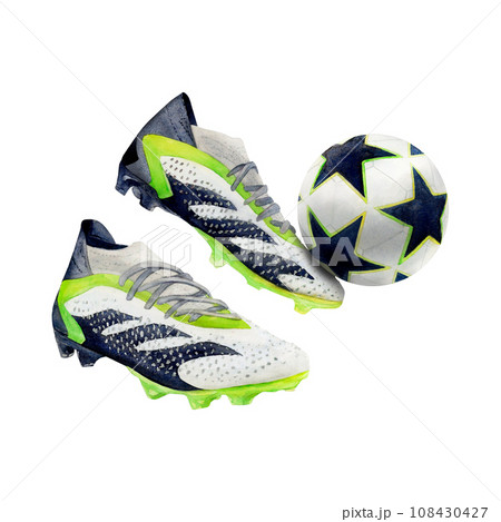 Watercolor drawing of football boots kicking yellow black and white and soccer ball with stars. Hand drawn isolated on white background. Pair of soccer studded trainers for logo stickers poster banner Watercolor drawing of football boots kicking yellow black and white and soccer ball with stars. Hand drawn isolated on white background. Pair of soccer studded trainers for logo stickers poster banner 108430427