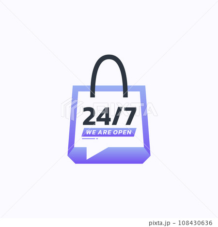 Twenty four hour shop service logo design vector. Shopping anytime symbol template. Twenty four hour shop service logo design vector. Shopping anytime symbol template. 108430636