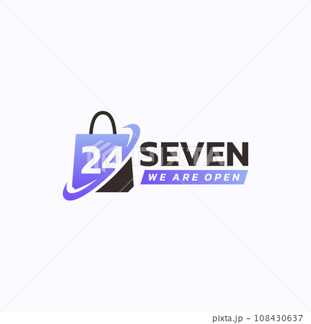 Twenty four hour shop service logo design vector. Shopping anytime symbol template. Twenty four hour shop service logo design vector. Shopping anytime symbol template. 108430637