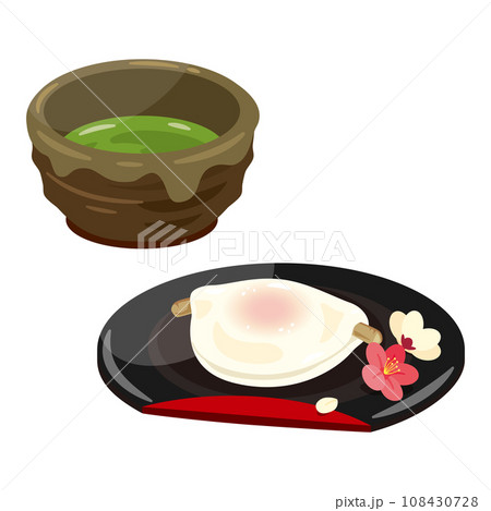 皿に盛られた花びら餅と梅の花と抹茶 108430728