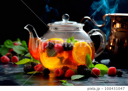 A glass teapot with fruit oolong tea in glass kettle on wooden table. Chinese traditional tea ceremony 108431047