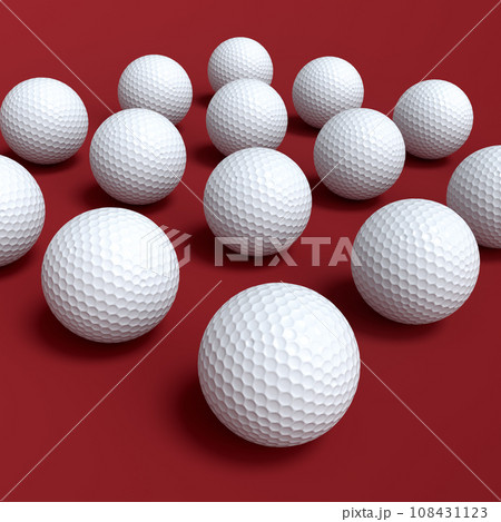 Set of golf ball lying in row on red background Set of golf ball lying in row on red background 108431123