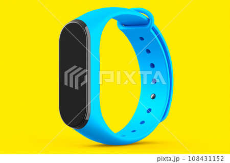 Blue fitness tracker or smart watch with heart rate monitor isolated on yellow Blue fitness tracker or smart watch with heart rate monitor isolated on yellow 108431152