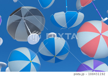 Many of flying striped beach umbrella for lounge zone on seashore on blue Many of flying striped beach umbrella for lounge zone on seashore on blue 108431192