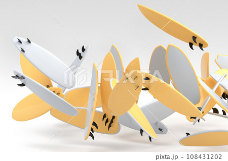 Many of flying surfboard for summer surfing isolated on white background. Many of flying surfboard for summer surfing isolated on white background. 108431202