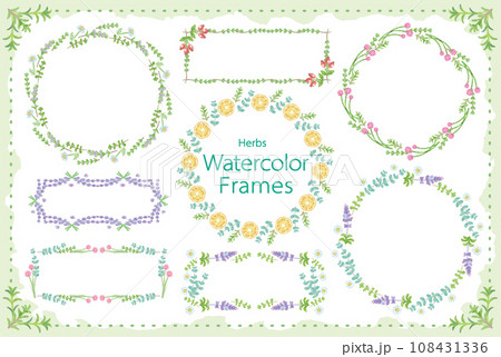 アロマに使われるハーブ・植物のイラスト・フレーム。水彩風ベクター素材 108431336