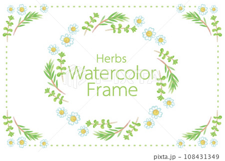 アロマに使われるハーブ・植物のイラスト・フレーム。水彩風ベクター素材 108431349