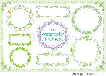 アロマに使われるハーブ・植物のイラスト・フレーム。水彩風ベクター素材 108431393