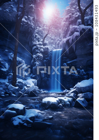 冬の森　ファンタジックな森と川の風景イラスト　AI画像 108431493