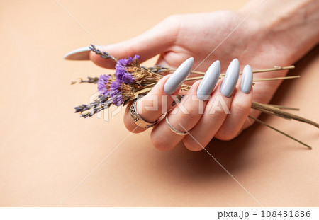 Close-up of a woman's hands with grey manicured nails 108431836