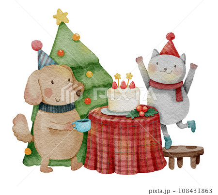 Dog and cat with strawberry cake and pine tree in christmas party . Watercolor paint cartoon characters . White isolate background . X-mas scene set 1 of 10 . illustration . 108431863