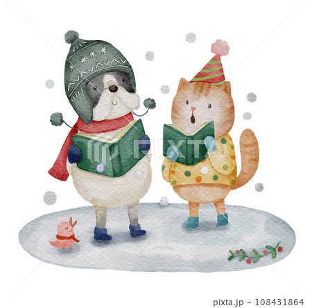 Dog and cat are singing a christmas carol on snowfield . Watercolor paint cartoon characters . White isolate background . X-mas scene set 2 of 10 . illustration . 108431864