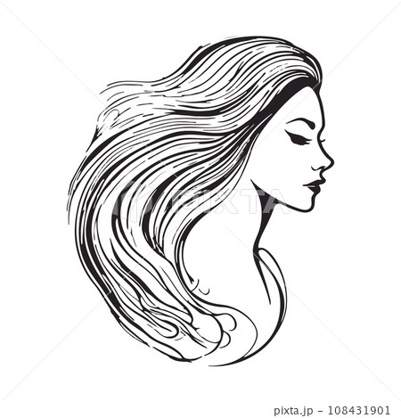 Silhouette of a woman with long flowing hair, with isolated background. 108431901