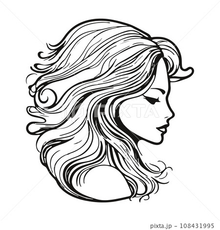 Silhouette of a woman with long flowing hair, with isolated background. 108431995