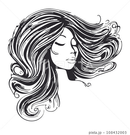Silhouette of a woman with long flowing hair, with isolated background. 108432003