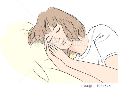 横向きで眠る茶髪ショートボブの女性のイラスト 上半身バストアップ 横向きで眠る茶髪ショートボブの女性のイラスト 上半身バストアップ 108432311