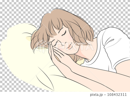 横向きで眠る茶髪ショートボブの女性のイラスト 上半身バストアップ 横向きで眠る茶髪ショートボブの女性のイラスト 上半身バストアップ 108432311