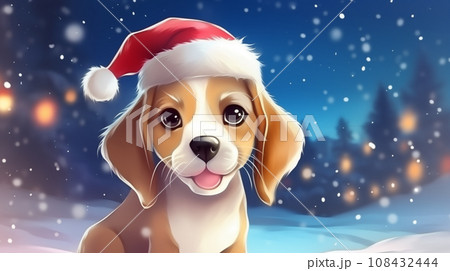 AI-generated content. Beagle dog in red hat on festive christmas background with copy space AI-generated content. Beagle dog in red hat on festive christmas background with copy space 108432444