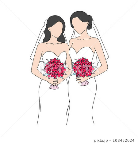 Lesbian wedding couple in white dresses, two female lesbian LGBT brides 108432624