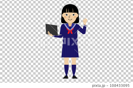 Full body of a Japanese junior high and high school student wearing a sailor suit standing with a laptop 108433095