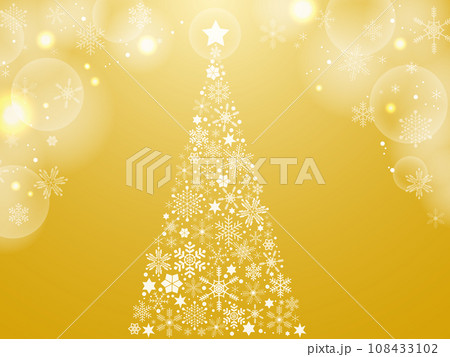 キラキラしたクリスマスツリーと雪の結晶の背景　黄色 108433102