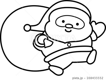 プレゼントの袋を背負って笑うクリスマスのサンタクロース　白黒線画ぬりえ 108433332