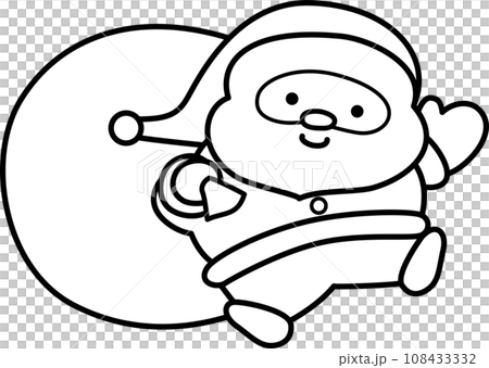 プレゼントの袋を背負って笑うクリスマスのサンタクロース　白黒線画ぬりえ 108433332