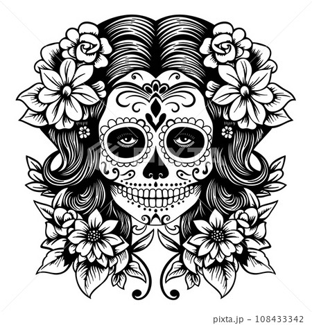 Day of dead girl black and white of illustration 108433342