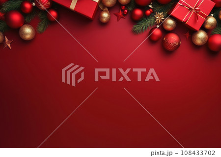 Festive Christmas or New Year red background with decorations and a fir tree. AI generated. 108433702
