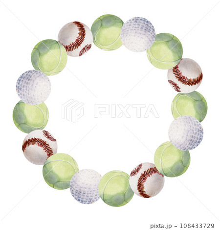 Hand drawn watercolor sports gear equipment, tennis golf baseball balls, health fitness lifestyle. Illustration isolated circle wreath frame white background. Design poster, print, website, card, shop Hand drawn watercolor sports gear equipment, tennis golf baseball balls, health fitness lifestyle. Illustration isolated circle wreath frame white background. Design poster, print, website, card, shop 108433729