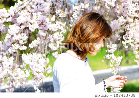 桜を見て黄昏る女性 108433739