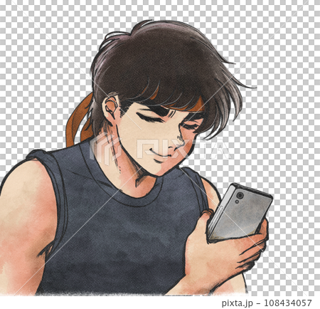 転職希望！スマートフォンを見る肉体派男性のイラスト 108434057