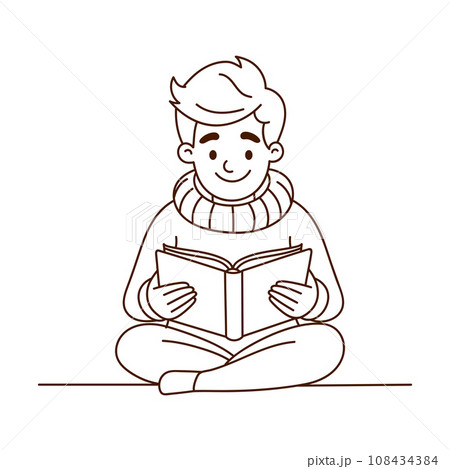 Cute little boy reading a book while sitting on the floor. Line icon. Vector illustration. 108434384