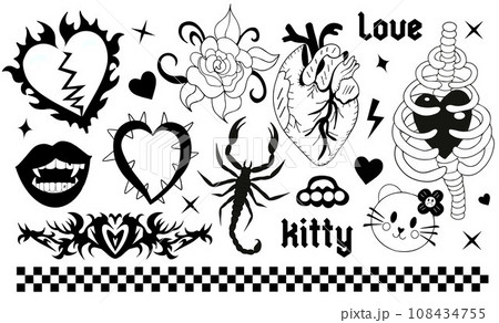 Y2k 2000s cute emo goth aesthetic stickers, tattoo art elements and slogan. black punk rock set. Gothic concept . Vector illustration Y2k 2000s cute emo goth aesthetic stickers, tattoo art elements and slogan. black punk rock set. Gothic concept . Vector illustration 108434755