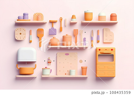 キッチンセット風景(3D)パステル調 キッチンセット風景(3D)パステル調 108435359