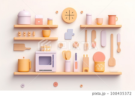 キッチンセット風景(3D)パステル調 キッチンセット風景(3D)パステル調 108435372