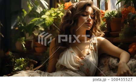AI-generated content. Brunette woman lying down on the sofa by the window, lazy day off concept. 108435527