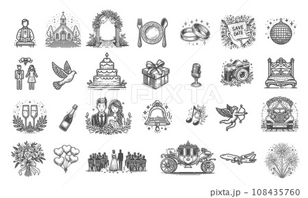 Minimal wedding icon set - vector illustration. 108435760