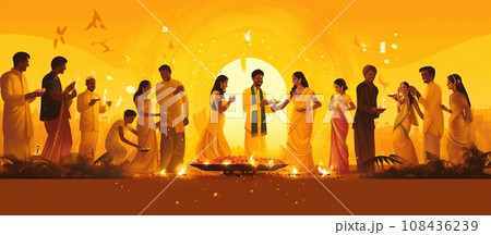 Indian festival Happy Diwali with Diwali props, yellow holiday Background, Diwali celebration greeting card 108436239