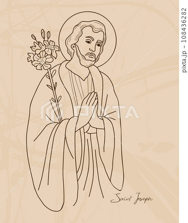 Saint Joseph the Betrothed. Holy Forefather with blooming lily. Vector illustration. Hand drawn outline for decoration of religious themes, Catholic and Christian holidays. 108436282
