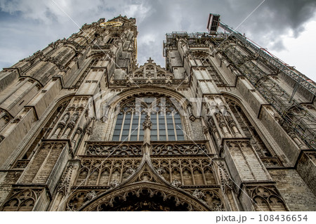 bottom view of the gothic Cathedral of Our Lady in Antwerp bottom view of the gothic Cathedral of Our Lady in Antwerp 108436654