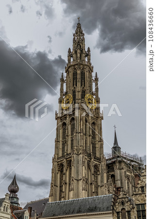 bottom view of the gothic Cathedral of Our Lady in Antwerp bottom view of the gothic Cathedral of Our Lady in Antwerp 108436660