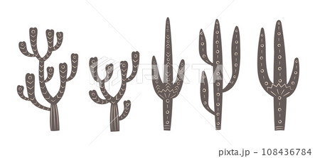 Bohemian ethnic flat cactuses with ornament. Simple wild west desert plants set. Bohemian ethnic flat cactuses with ornament. Simple wild west desert plants set. 108436784